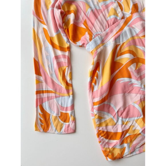 MANGO Orange Pink Abstract Scarf Printed Crepe Mini Shirt Dress, Size 4 - Picture 9 of 15